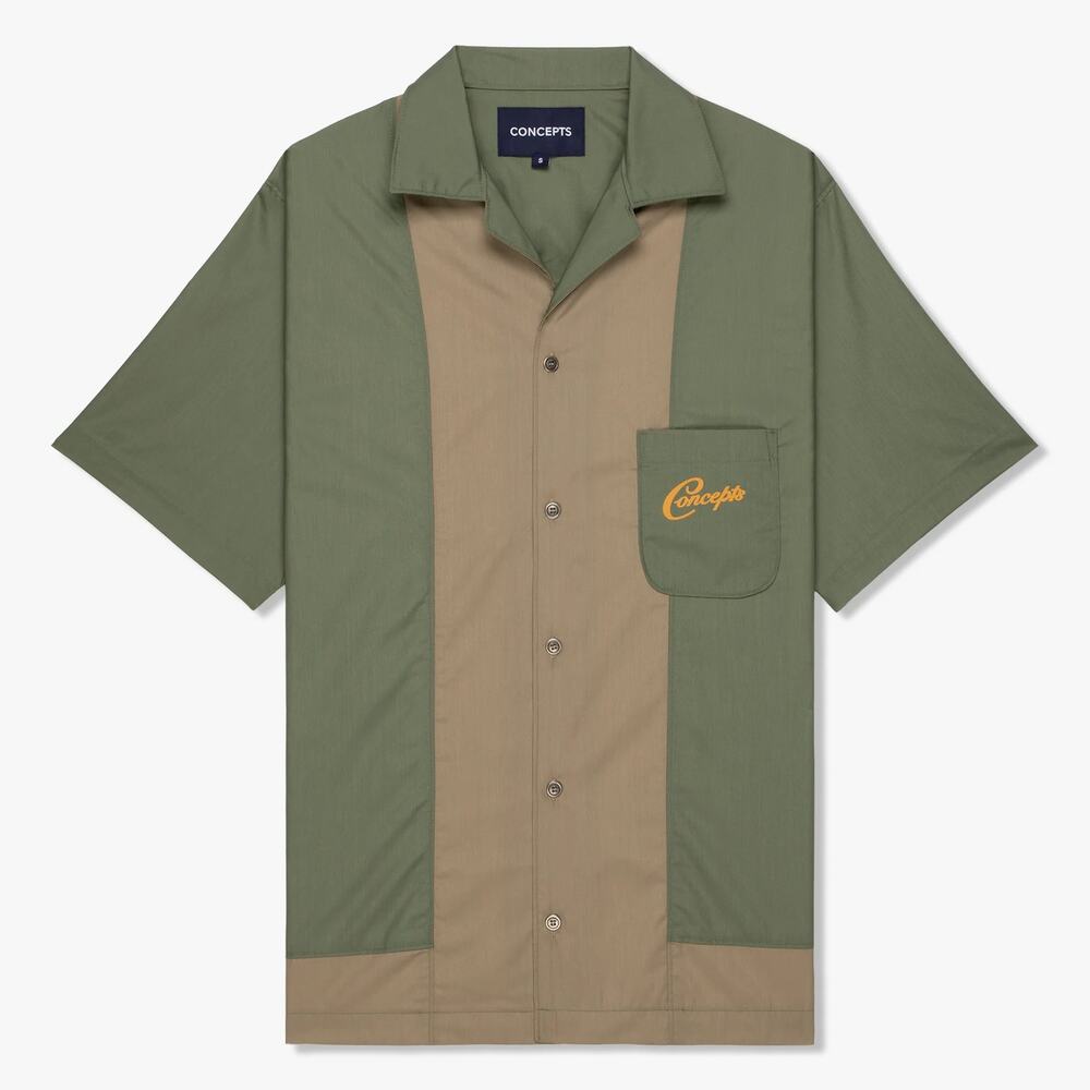 Concepts Men's M Tan Green Colorblock Short Sleeve Shirt Retro Streetwear R8-2